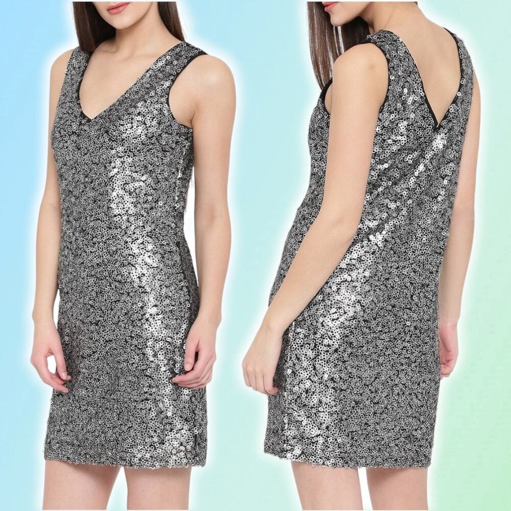 LILY ALLEN Vero Moda Silver Sequin Shift Dress Sz Large
